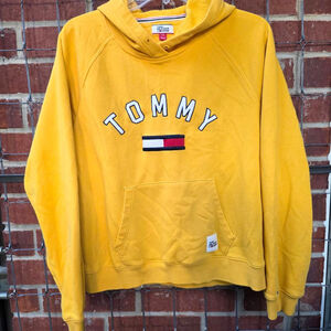 Tommy Jeans Vintage Mustard Yellow Flag Hoodie Sweatshirt L *stains pls see pics